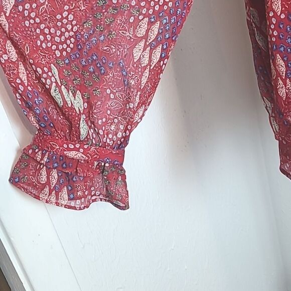 LOFT Red Sheer Blouse, Blue & White Print, Ruffled Collar & Cuffs, Size XL - Picture 8 of 13